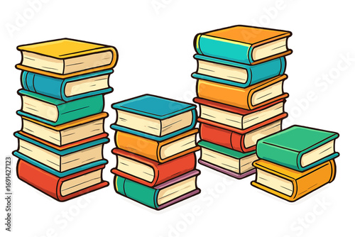 Cartoon book stacks for education. Colorful textbook piles for library, school, or bookstore. Vector illustration for reading, learning, and knowledge concepts. Isolated set.
