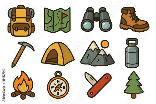 Hiking gear and camping icon set. Outdoor adventure, exploration, tourism symbols. Trekking equipment. Backpack, map, tent, compass, campfire, mountains vector cartoon icons.