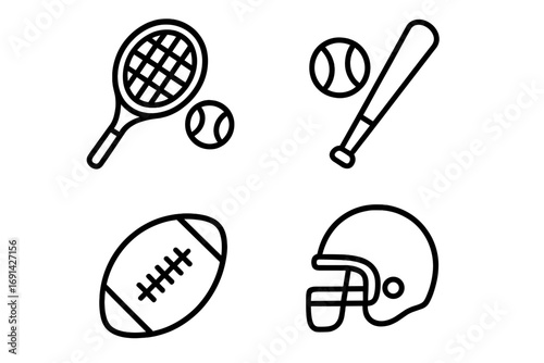Sports equipment outline icon set featuring tennis racket and ball, baseball bat and ball, football and helmet, line art collection of athletic gear, vector cartoon illustration transparent background