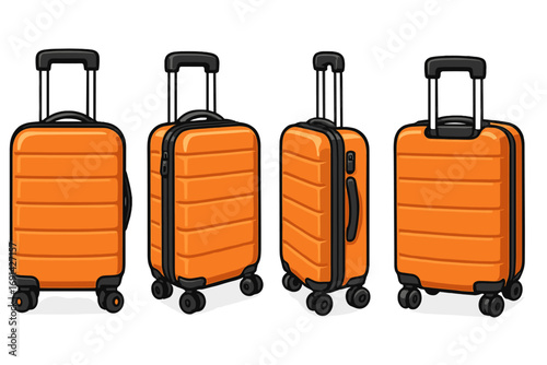 Orange travel suitcase set shown from different angles. Vector cartoon illustration of modern luggage for vacation, trip, or adventure. Hardshell baggage with wheels.
