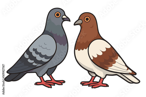 Two cartoon pigeons standing together. Vector illustration of a pair of city birds, a grey rock dove and a brown one. Cute animal characters isolated on a white background.