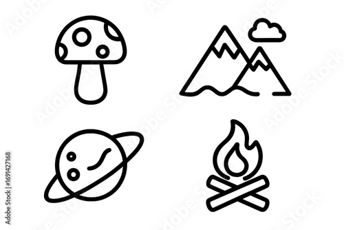 Mushroom fungus icon. Mountain nature symbol. Planet space pictogram. Bonfire camping illustration. Line art vector icon set for travel, adventure, hiking, outdoors, web, app.