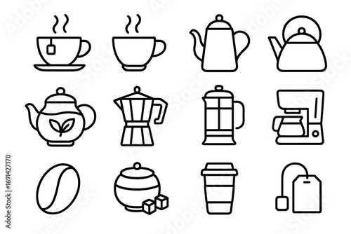 Tea and coffee icon set with brewing tools and accessories, outline vector collection, cup, teapot, coffee maker, espresso pot, French press, sugar jar, takeaway cup, tea bag illustration