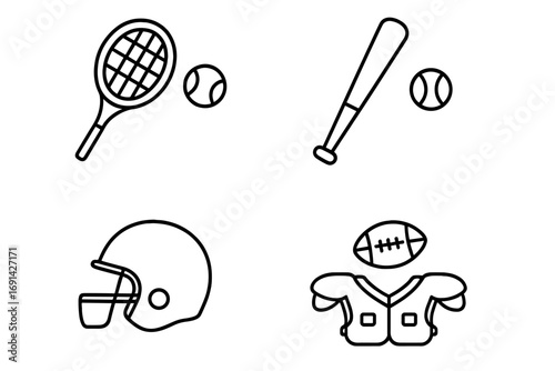 Sports equipment outline icon set featuring tennis racket and ball, baseball bat and ball, football helmet, and shoulder pads, vector cartoon collection with transparent background, ordered set of 4