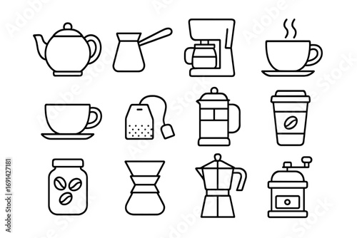 Tea and coffee linear icon set, brewing tools and accessories outline collection, vector cartoon illustration, transparent background, ordered utensils and drinkware symbols