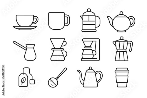 Tea and coffee linear icon set with brewing tools and accessories outline collection, vector cartoon illustration, transparent background, ordered set of coffee and tea equipment icons