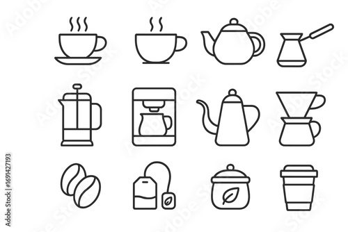 Tea and coffee linear icon set with brewing tools and accessories outline collection, vector illustration, transparent background, ordered icons for coffee lovers and tea drinkers