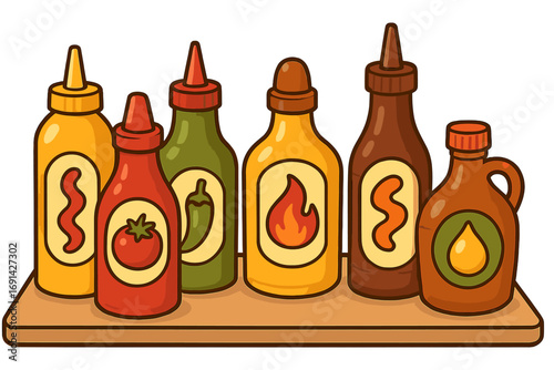 Set of colorful sauce bottles. Ketchup, mustard, hot sauce, and BBQ condiments in cartoon vector style. Food illustration collection isolated on a white background.