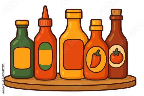 Variety of sauce bottles for culinary enthusiasts. Vector cartoon illustration of ketchup, mustard, hot chili condiments. Set of colorful food dressing containers for cooking.