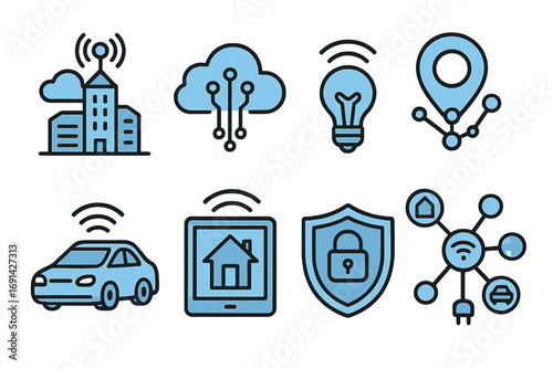 Smart city and Internet of Things vector icon pack. Icons represent wireless tech, cloud data, smart home, connected car, security, energy, location, and network concepts.