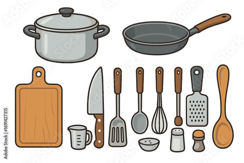 Vector cartoon set of kitchen tools. Cooking utensils illustration. Pot, pan, knife, cutting board, spatula, whisk for meal preparation. Culinary equipment and cookware icons.
