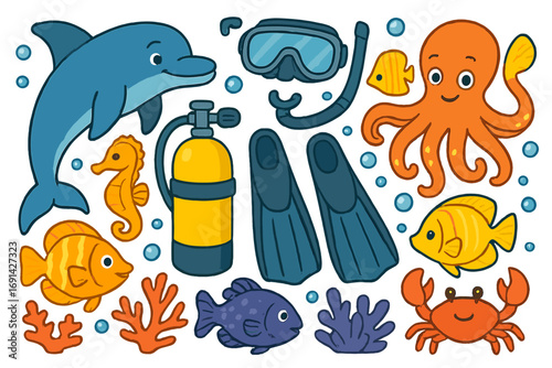 Scuba diving and marine life cartoon set. Underwater animal and diver equipment vector icons. Ocean exploration clip art with dolphin, octopus, fish, crab and coral.