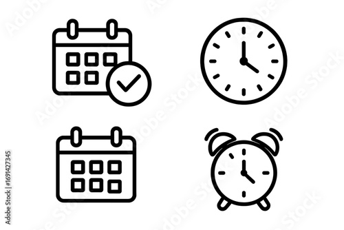 Time management outline icon set with schedule, clock, calendar, alarm clock symbols, productivity tools, planning, appointment, deadline, organization, vector cartoon illustration