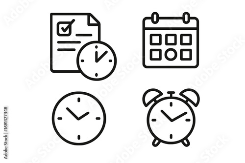 Time management icon set with schedule, clock, calendar, and alarm clock symbols. Vector outline collection for organization, planning, productivity, reminders, and deadlines in business and lifestyle