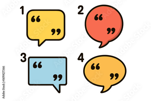 Speech bubble vector set with quotation marks. Numbered communication icons for testimonials, dialogue, or messages. Flat cartoon illustration design for chat or web element.