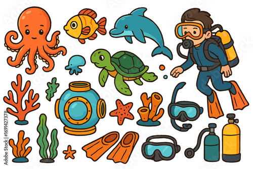 Vector set of cute cartoon scuba diving gear and marine life. Ocean exploration icons with diver, octopus, fish, dolphin, turtle. Underwater adventure elements collection.