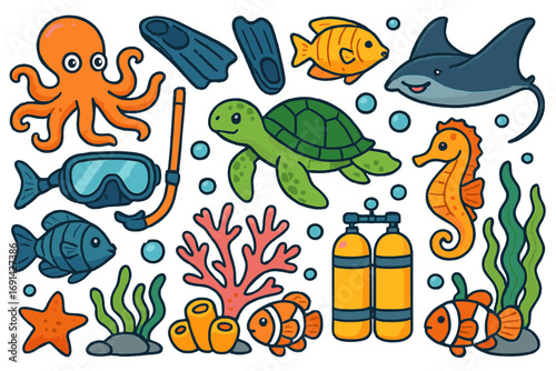Colorful underwater sea life collection. Marine animals and diving equipment cartoon set. Scuba gear, octopus, turtle, clownfish, ray vector icons for summer vacation design.