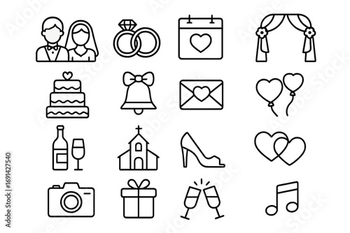 Wedding celebration line icon set with marriage rings, ceremony symbols, couple, cake, bells, gifts, church, champagne, shoes, hearts, balloons, camera, and music vector illustration