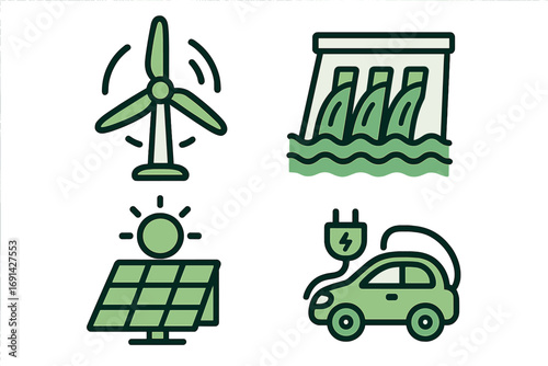 Renewable energy icons. Wind turbine, solar panel, hydro power dam, and electric car. Green energy, sustainability, and clean technology vector cartoon illustration concept.