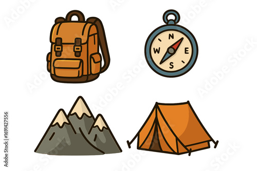 Camping and hiking adventure icon set with backpack, compass, mountains, and tent symbols. Outdoor travel and tourism concept. Vector cartoon illustration collection isolated.