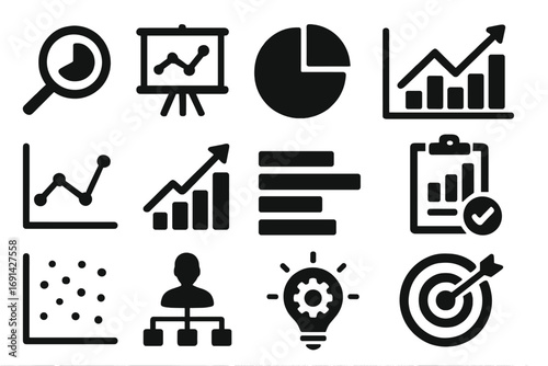 Data analysis and business intelligence icon set. Infographic elements for presentation. Chart, graph, statistics, report for marketing. Growth, strategy, success concept.