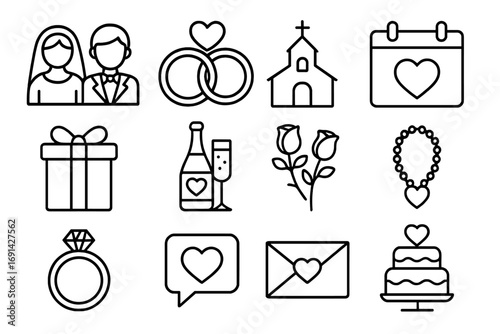 Wedding and Romance Outline Icon Set, Ceremony and Celebration Love Linear Collection, Vector Cartoon Illustration with Transparent Background, Ordered Set 1