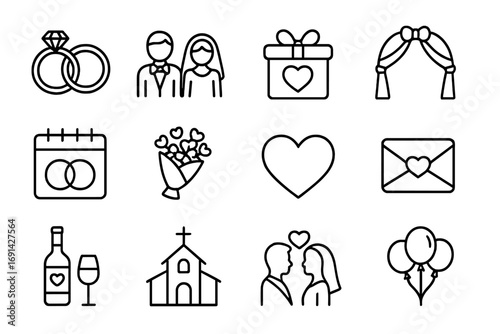 Wedding romance icon set with rings bride groom bouquet love heart envelope celebration gift church balloons wine glasses linear vector illustration transparent background