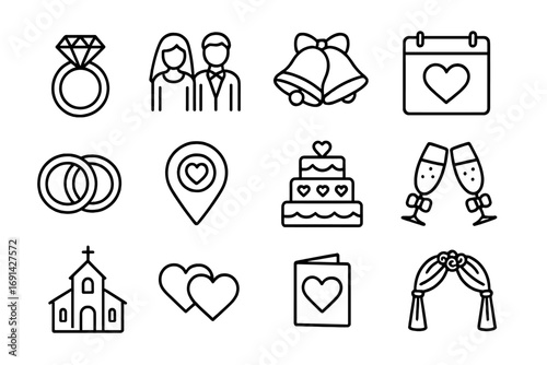 Wedding and marriage outline icon set, elegant ceremony and love symbols collection, vector cartoon illustration with transparent background, romantic nuptial design elements