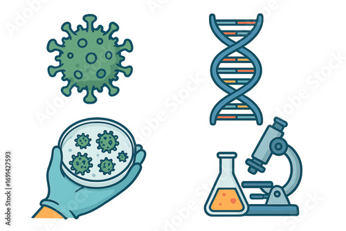 Science research icon set. Virus, DNA helix, microscope, petri dish. Vector for biology, medicine, genetics. Laboratory analysis, microbiology, virology experiment concept.