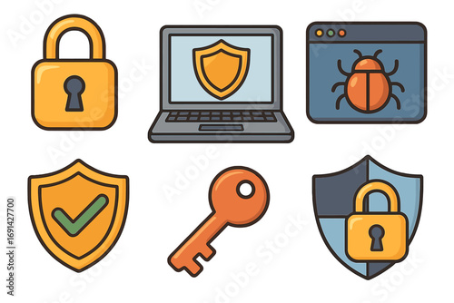 Cyber security icon set for data protection and internet privacy. Vector cartoon symbols for antivirus software. Includes laptop, shield, padlock, key, and browser with bug.