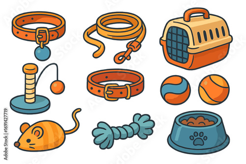 Pet supplies icon set. Cute cartoon vector illustration of dog and cat accessories. Collar, leash, carrier, toys, food bowl. Pet shop, veterinary clinic, animal care concept.