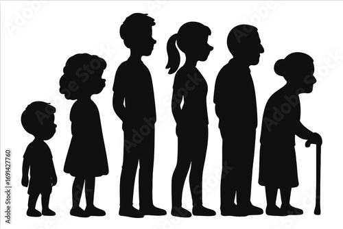 Human life cycle silhouettes showing the aging process from child to adult and senior citizen. People generations, man and woman growth and development stages from youth to old age.