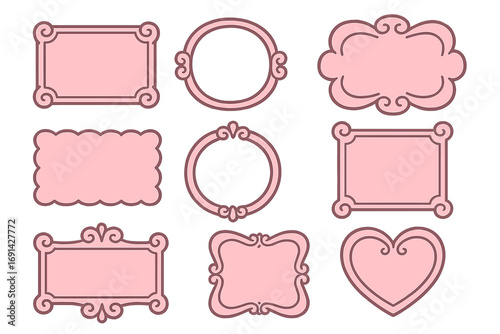 Set of cute pink decorative frames. Vintage baroque label and tag collection. Girly border and text box design elements. Elegant cartoon vector shapes for messages, circle, heart.