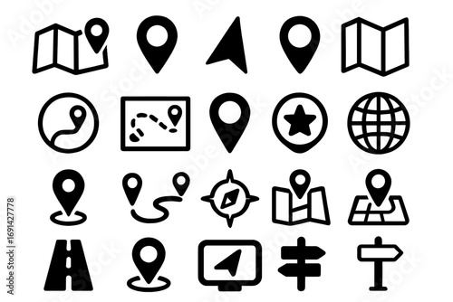 Map location icon set. Navigation pointer collection. GPS direction symbol. Travel destination sign. Geographic cartography element. Route and journey concept. Pin point mark.