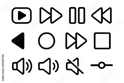 Vector collection of black media control icons. For audio and video playback functions. Button set with play, pause, stop, record, rewind, next, volume up, down, mute. UI design.