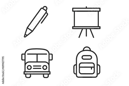 School and education line icon set. Back to school concept with bus, backpack, pen, presentation board. Minimalist linear pictogram collection with editable stroke. Vector.