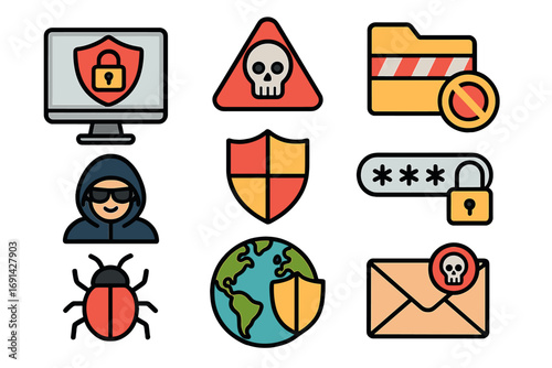 Digital security icons. Cybersecurity concepts with hacker, malware, virus threat, and data protection shield. Vector password, phishing, and computer safety elements set.