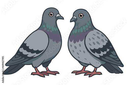 Two cute cartoon pigeons facing each other. Vector illustration of a pair of city birds or doves. Urban wildlife animal character set. Symbol of peace, love, communication.