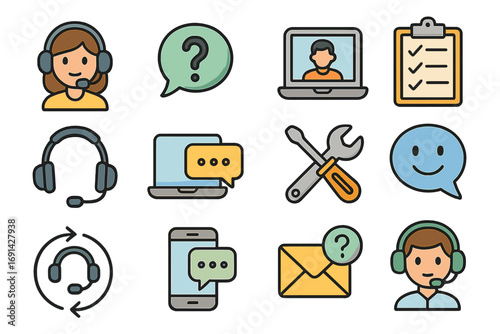 Customer service icon set. Contact us and communication symbols for call center and helpdesk. Online support, chat, feedback, and technical assistance vector illustration.
