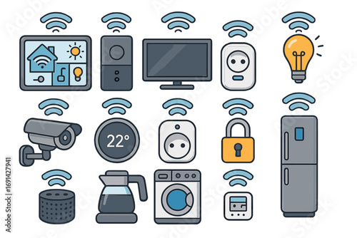 Smart home technology icon set. IoT wireless connected devices. Home automation system with smart appliances, security camera, thermostat, remote control and voice assistant.