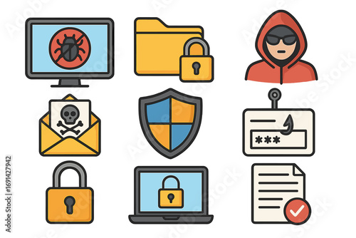 Cybersecurity icon set. Digital security concepts. Hacker attack, phishing, computer virus threats. Data protection, privacy, secure folder, password, antivirus shield.