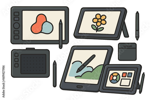 Graphic tablet and digital pen display set. Vector icon collection for artist and designer. Electronic drawing device with stylus for digital art and illustration. Isolated creative tools.