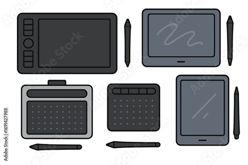 Graphic tablet set. Digital art equipment collection. Drawing pad and stylus. Artist device. Designer tool. Pen display monitor. Vector cartoon illustration. Creative technology.