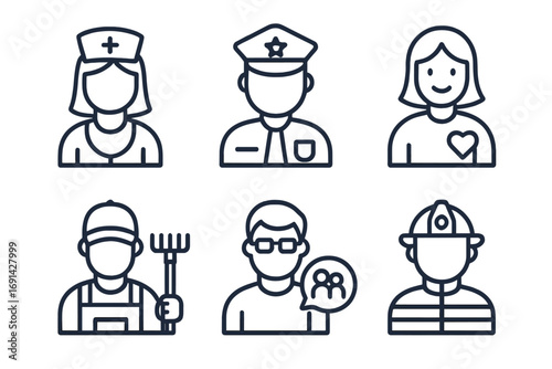 Essential workers icon set. Diverse professions line icons. Community service and support jobs. Nurse, police, firefighter, farmer, volunteer vector character avatars.