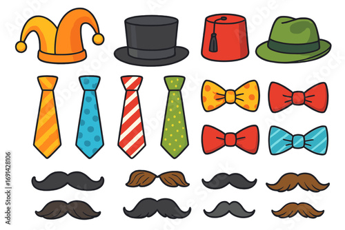 Photo booth props set for party fun. Vector collection of cartoon hats, mustaches, ties, and bow ties. Funny costume accessories for carnival, masquerade, or holiday.