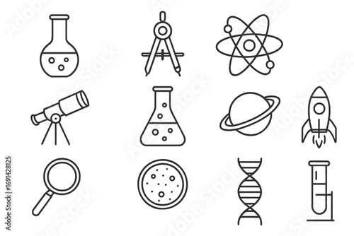 Science and research line icon set. Vector symbols of chemistry, physics, biology, astronomy. Editable stroke. Lab equipment, education. Atom, DNA, flask, telescope, rocket.