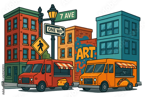 Food trucks in a city street scene. Urban vector cartoon illustration. Cityscape with street food vendors, buildings, graffiti art, one way sign, and tacos.