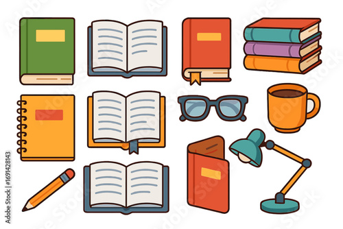 Reading and education icon set. Vector cartoon books, notebook, pencil, glasses, and lamp. School, library, or office supplies for study, learning, and knowledge concept.
