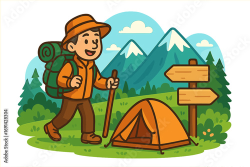 Hiker with backpack explores nature on a mountain trail. Man on adventure with a tent. Concept of travel, tourism, camping, and trekking. Vector cartoon character at a signpost.
