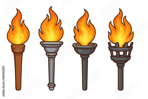 Collection of cartoon torches with burning fire flames. Vector illustration set of ancient, medieval, or olympic style torches. Wood and stone assets for game design elements.
